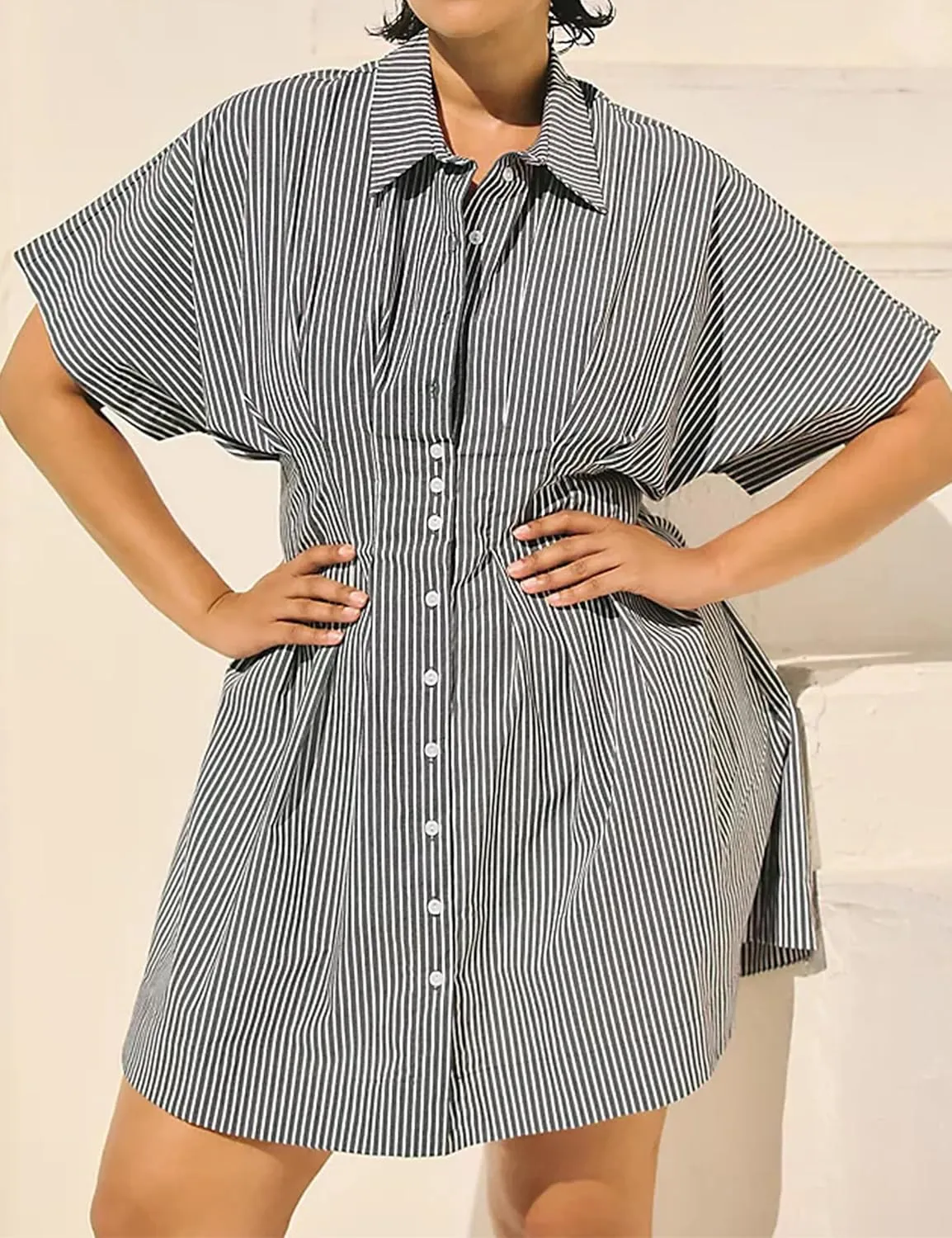 Women Button Front Pleated Shirt Dresses Summer Casual Short Sleeve Pleated Blouse Mini Dress