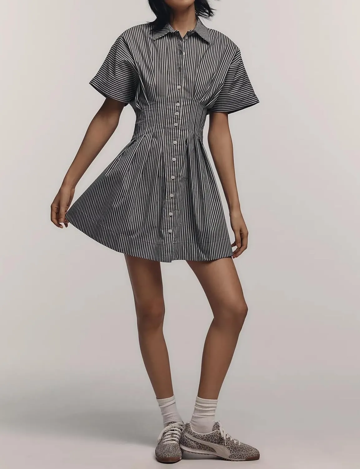 Women Button Front Pleated Shirt Dresses Summer Casual Short Sleeve Pleated Blouse Mini Dress