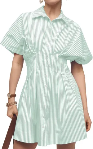 Women Button Front Pleated Shirt Dresses Summer Casual Short Sleeve Pleated Blouse Mini Dress