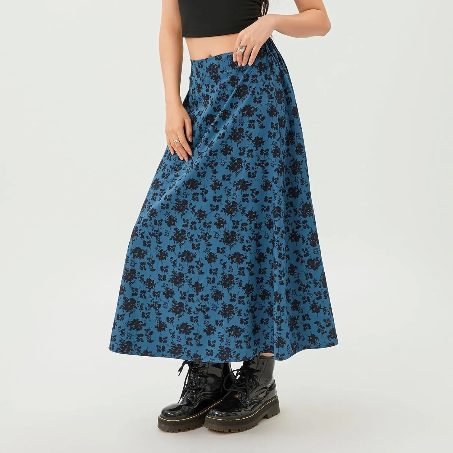 Women's Casual High Waist Boho Printed Side Split A-Line Midi Skirt Leopard Half-Length Maxi Swing Skirt
