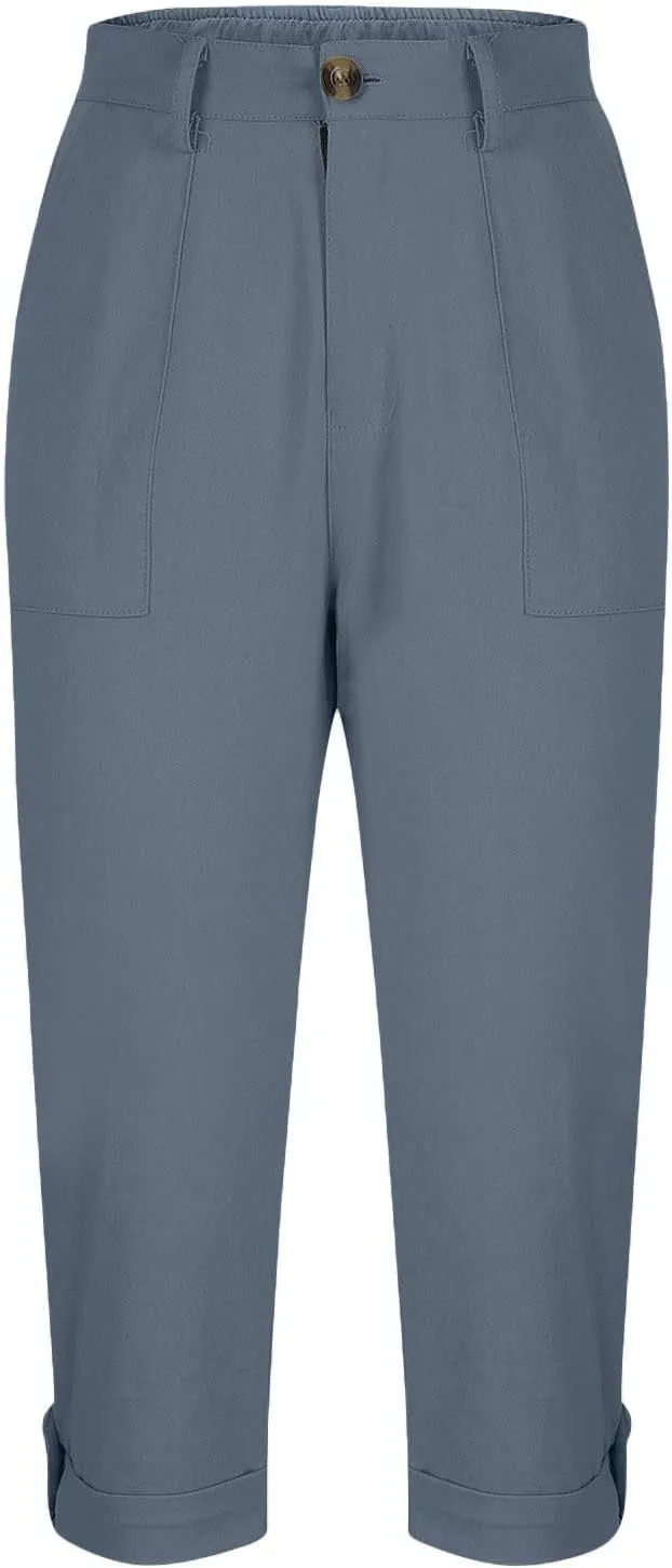 Women's Cropped Cargo Pants Summer Casual Elastic Waist Lightweight Stretch Rolled Hem Capris with Pockets