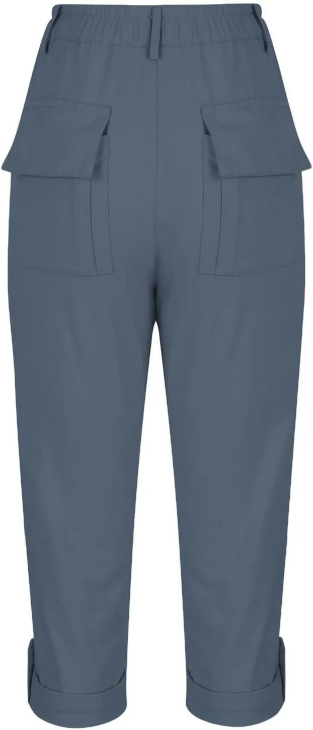 Women's Cropped Cargo Pants Summer Casual Elastic Waist Lightweight Stretch Rolled Hem Capris with Pockets