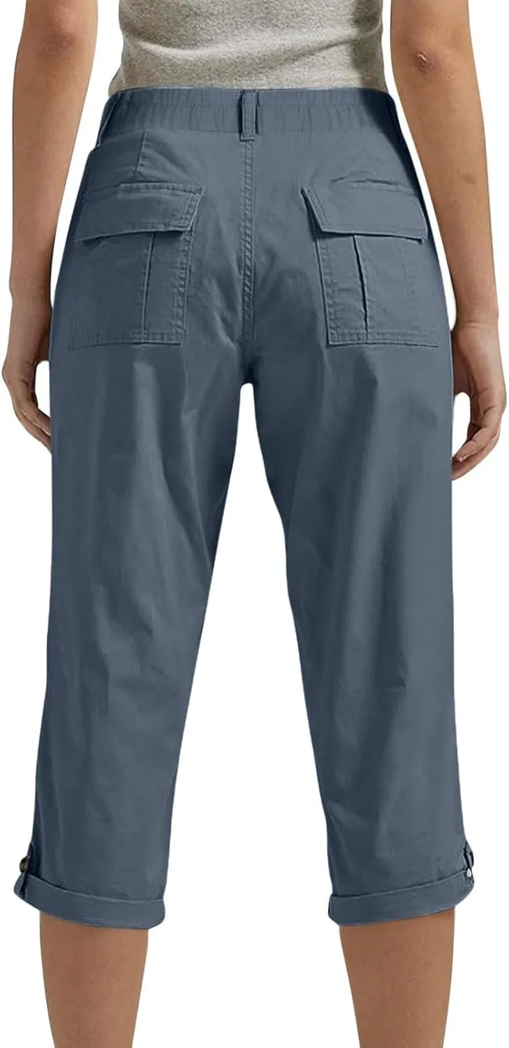 Women's Cropped Cargo Pants Summer Casual Elastic Waist Lightweight Stretch Rolled Hem Capris with Pockets