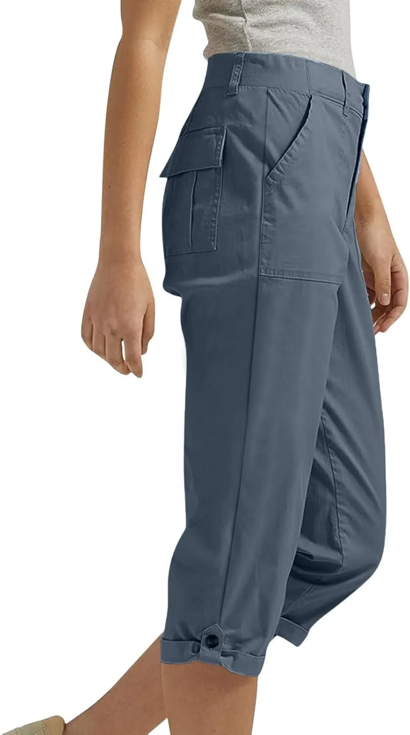 Women's Cropped Cargo Pants Summer Casual Elastic Waist Lightweight Stretch Rolled Hem Capris with Pockets