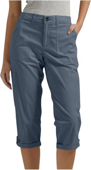 Women's Cropped Cargo Pants Summer Casual Elastic Waist Lightweight Stretch Rolled Hem Capris with Pockets