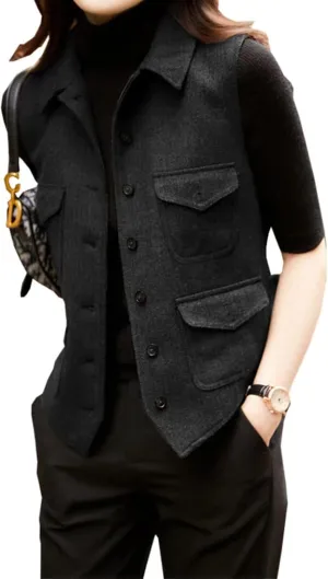 Women's Herringbone Wool Vest Lapel Waistcoat Casual Fashion Sleeveless Jacket Suit vests for Lady