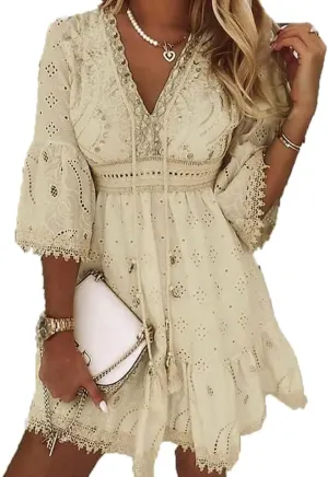 Womens Lace Embroidered Boho Short Dress Ruffle 3/4 Sleeve V Neck High Waist Summer A Line Mini Dresses