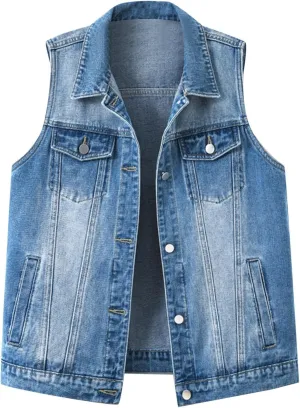 Women's Oversized Sleeveless Jean Denim Jacket Button Down Vest Top for Women Summer Fall Waistcoat Jeans Tops Coat