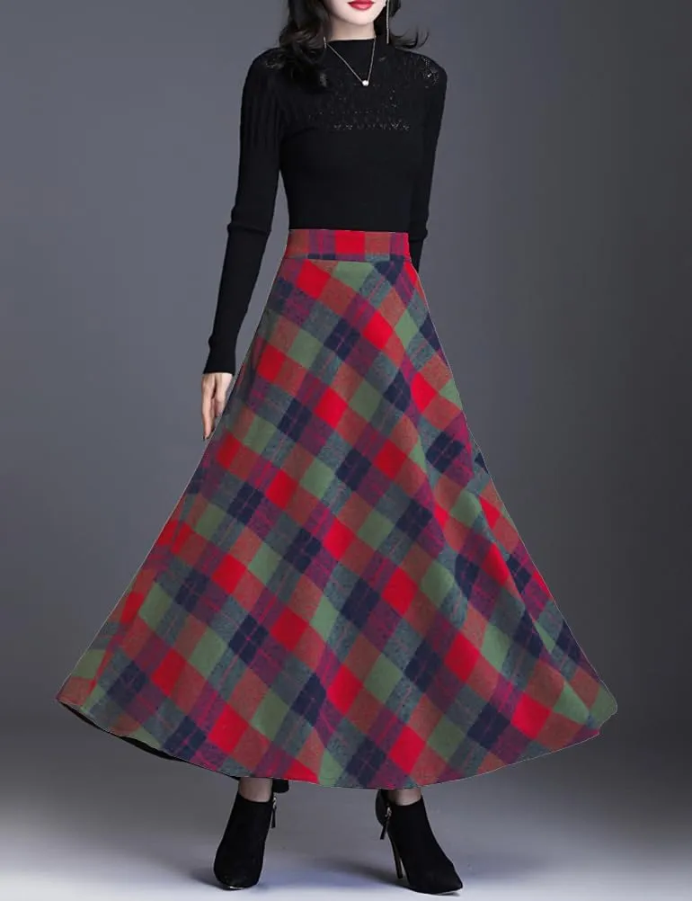 Women's Plaid Skirt Warm Elastic Waist Wool A-Line Pleated Tartan Winter Long Skirts