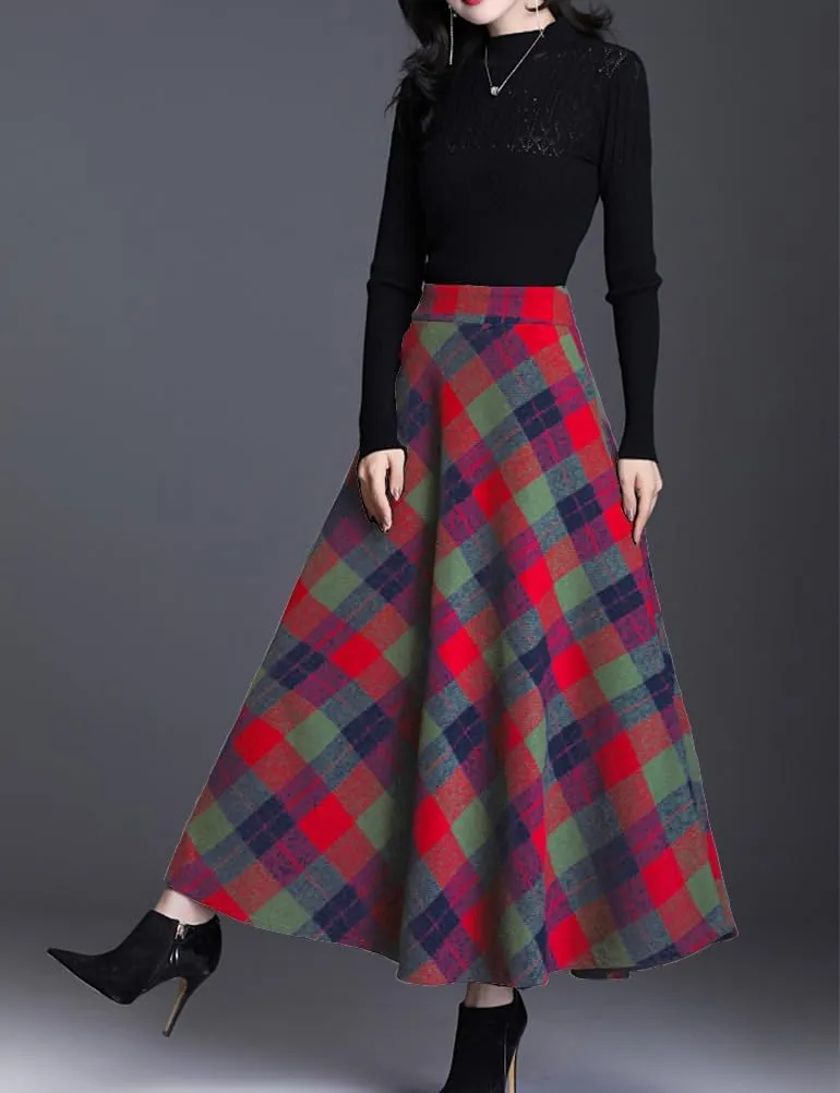 Women's Plaid Skirt Warm Elastic Waist Wool A-Line Pleated Tartan Winter Long Skirts