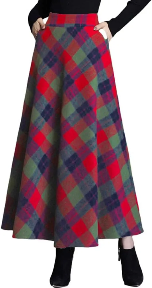 Women's Plaid Skirt Warm Elastic Waist Wool A-Line Pleated Tartan Winter Long Skirts