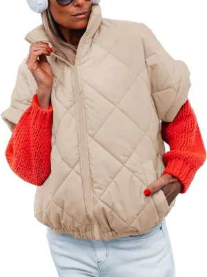 Women's Puffer Vest Stand Collar Zipper Short sleeve Jackets Fashion Winter Lightweight Vests Warm Padded Jacket Coat