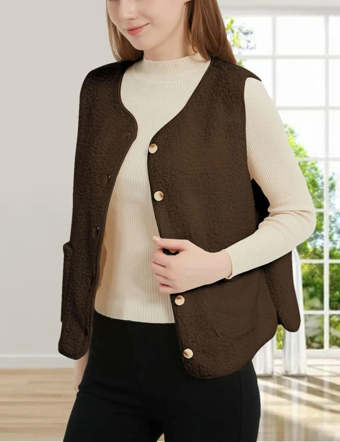 Womens Sherpa Fleece Lightweight Vest Fall Sleeveless Warm Button Down Fuzzy Jacket Outerwear Teddy Coat Gilet