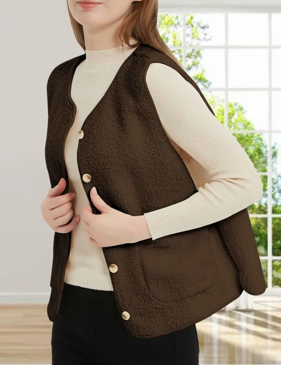Womens Sherpa Fleece Lightweight Vest Fall Sleeveless Warm Button Down Fuzzy Jacket Outerwear Teddy Coat Gilet