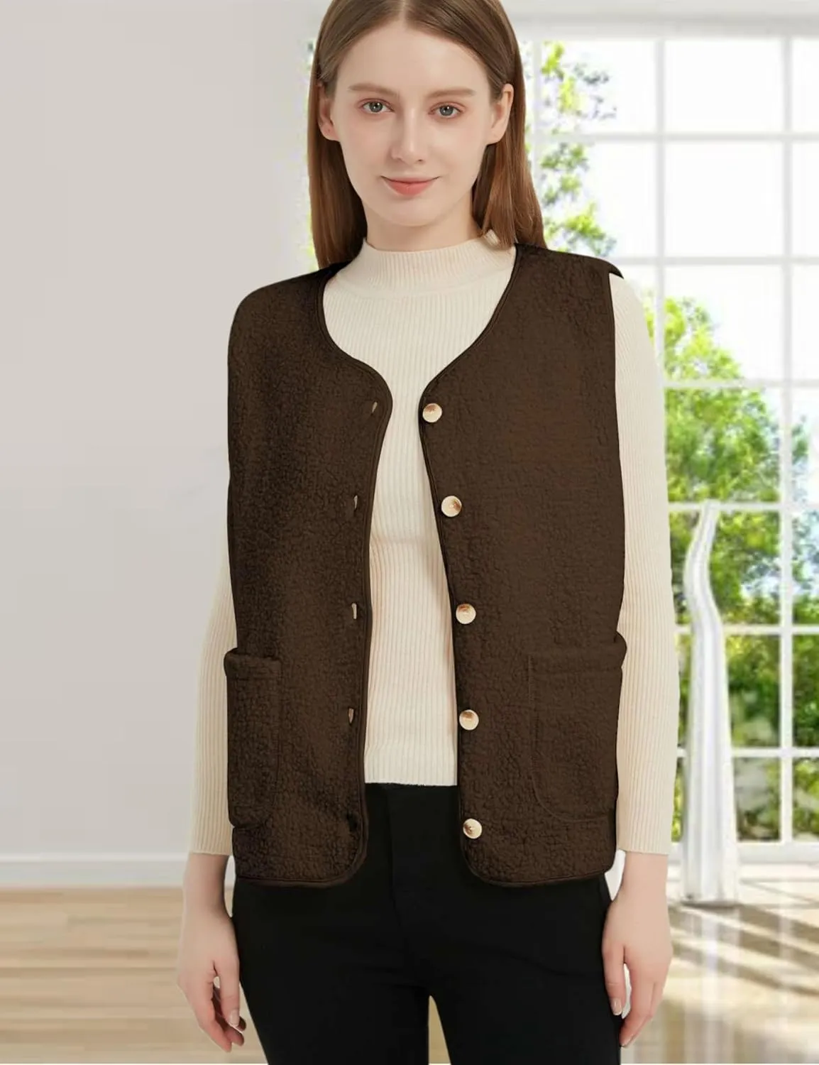 Womens Sherpa Fleece Lightweight Vest Fall Sleeveless Warm Button Down Fuzzy Jacket Outerwear Teddy Coat Gilet