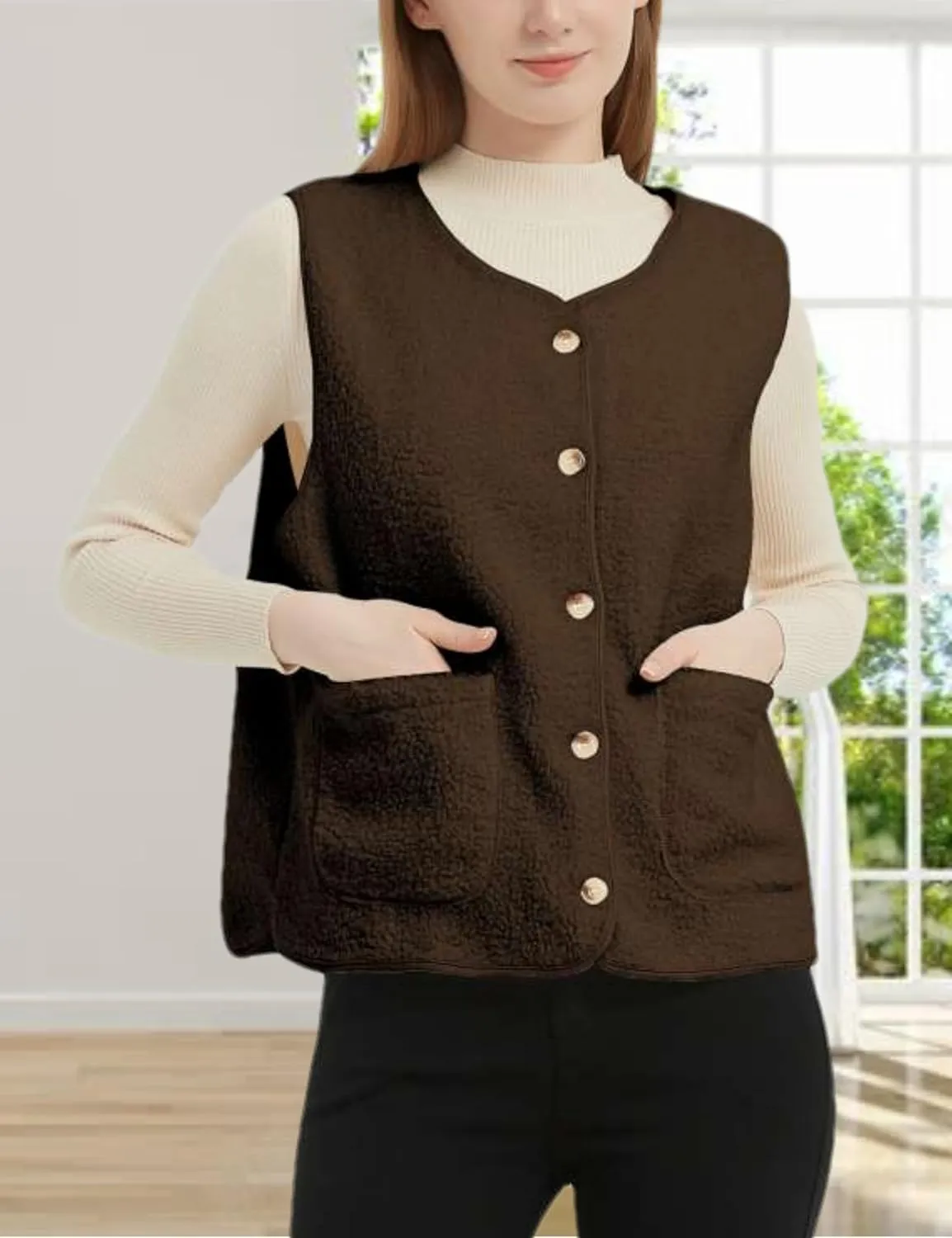 Womens Sherpa Fleece Lightweight Vest Fall Sleeveless Warm Button Down Fuzzy Jacket Outerwear Teddy Coat Gilet