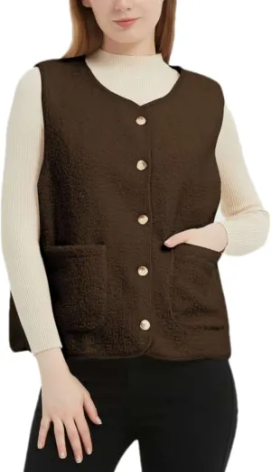Womens Sherpa Fleece Lightweight Vest Fall Sleeveless Warm Button Down Fuzzy Jacket Outerwear Teddy Coat Gilet