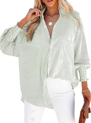 Women's Smocked Cuffed Striped Shirt Button Down Shirts Casual Collar Long Sleeve Blouse Loose Business Tops