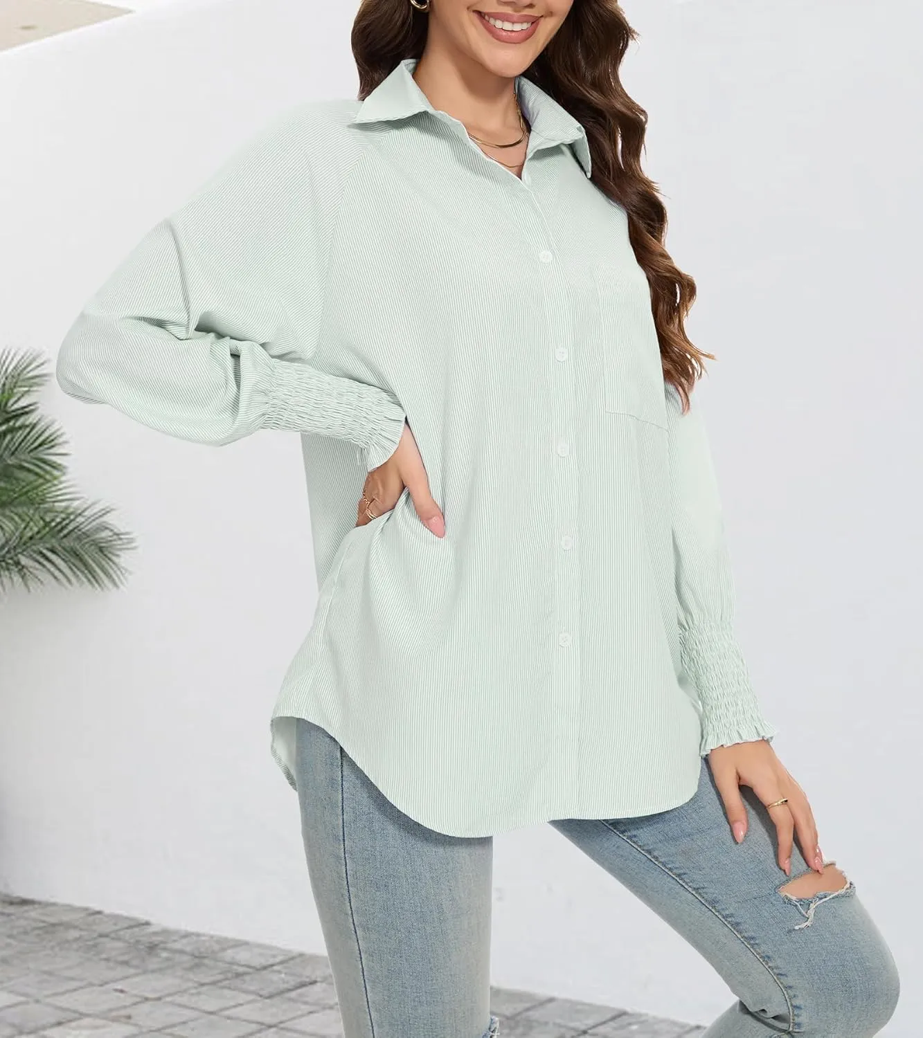 Women's Smocked Cuffed Striped Shirt Button Down Shirts Casual Collar Long Sleeve Blouse Loose Business Tops
