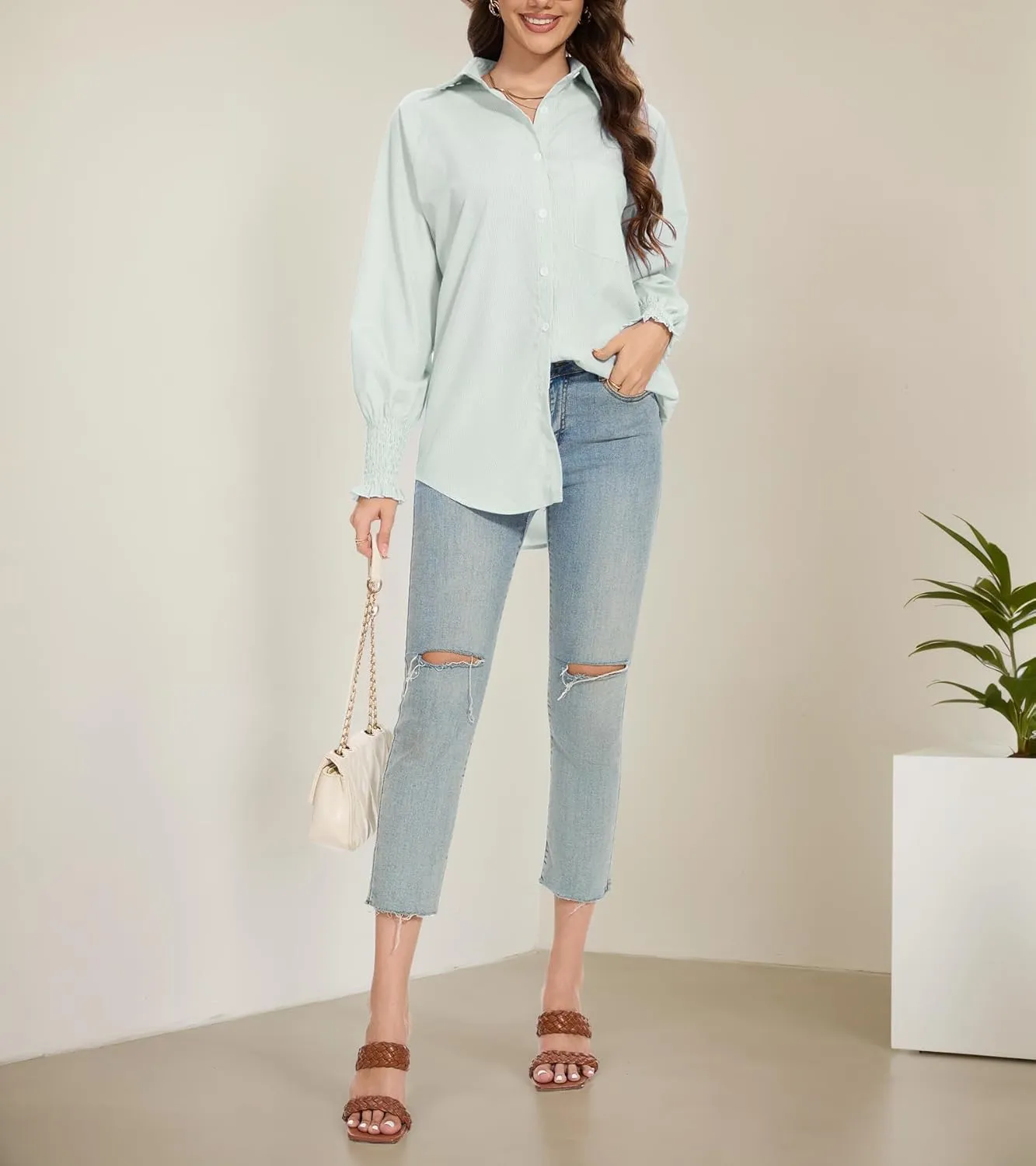 Women's Smocked Cuffed Striped Shirt Button Down Shirts Casual Collar Long Sleeve Blouse Loose Business Tops