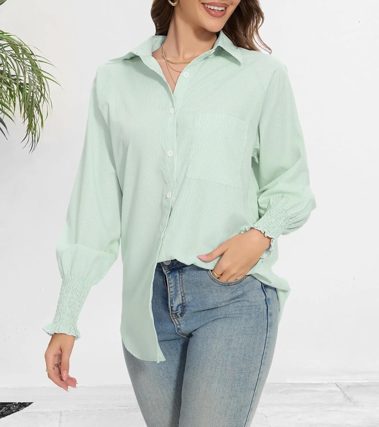 Women's Smocked Cuffed Striped Shirt Button Down Shirts Casual Collar Long Sleeve Blouse Loose Business Tops