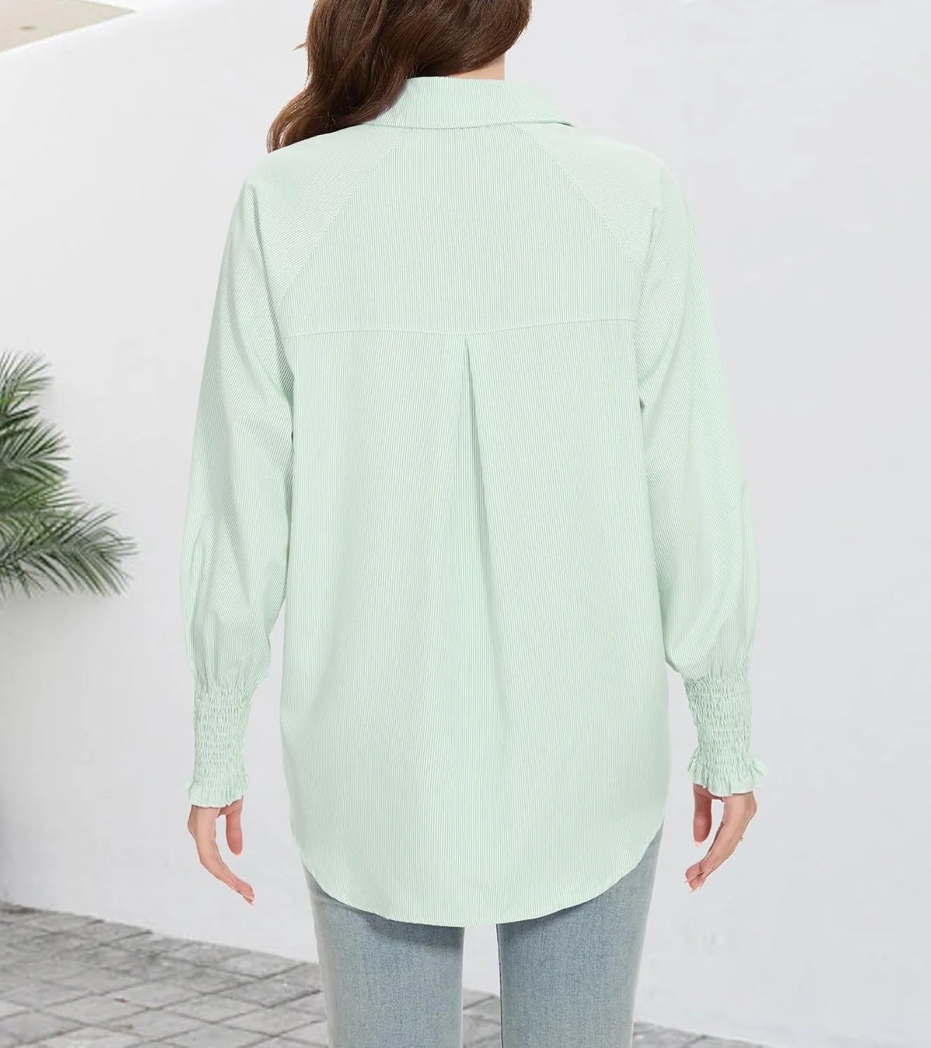 Women's Smocked Cuffed Striped Shirt Button Down Shirts Casual Collar Long Sleeve Blouse Loose Business Tops