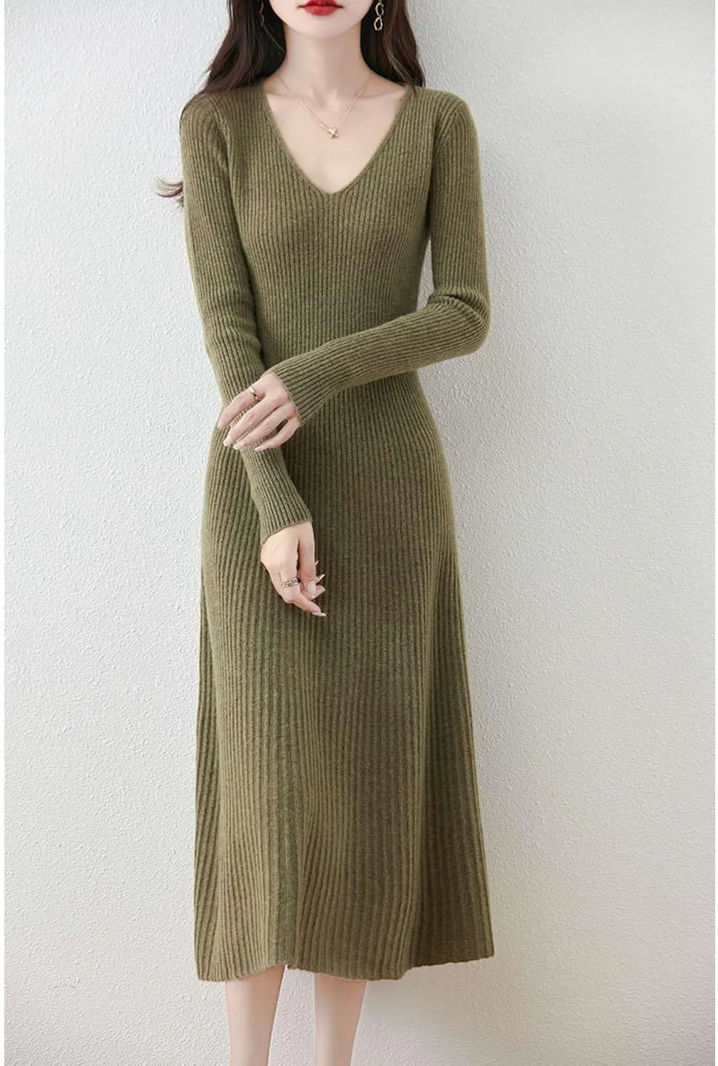 Women's Sweater Dress 100% Merino Wool Pullover Long Sleeve V Neck Knitted Slim Tops