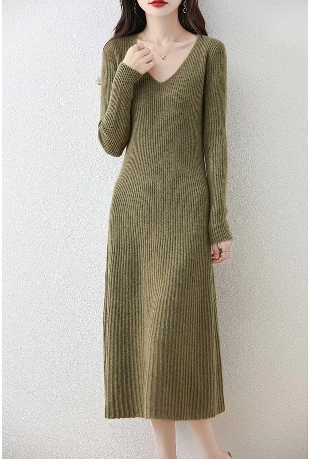 Women's Sweater Dress 100% Merino Wool Pullover Long Sleeve V Neck Knitted Slim Tops