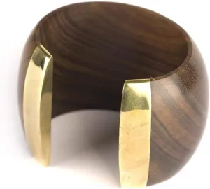 Wood Brass Gold Tone Large Brown Big 55 mm Cuff Bangle Bracelet