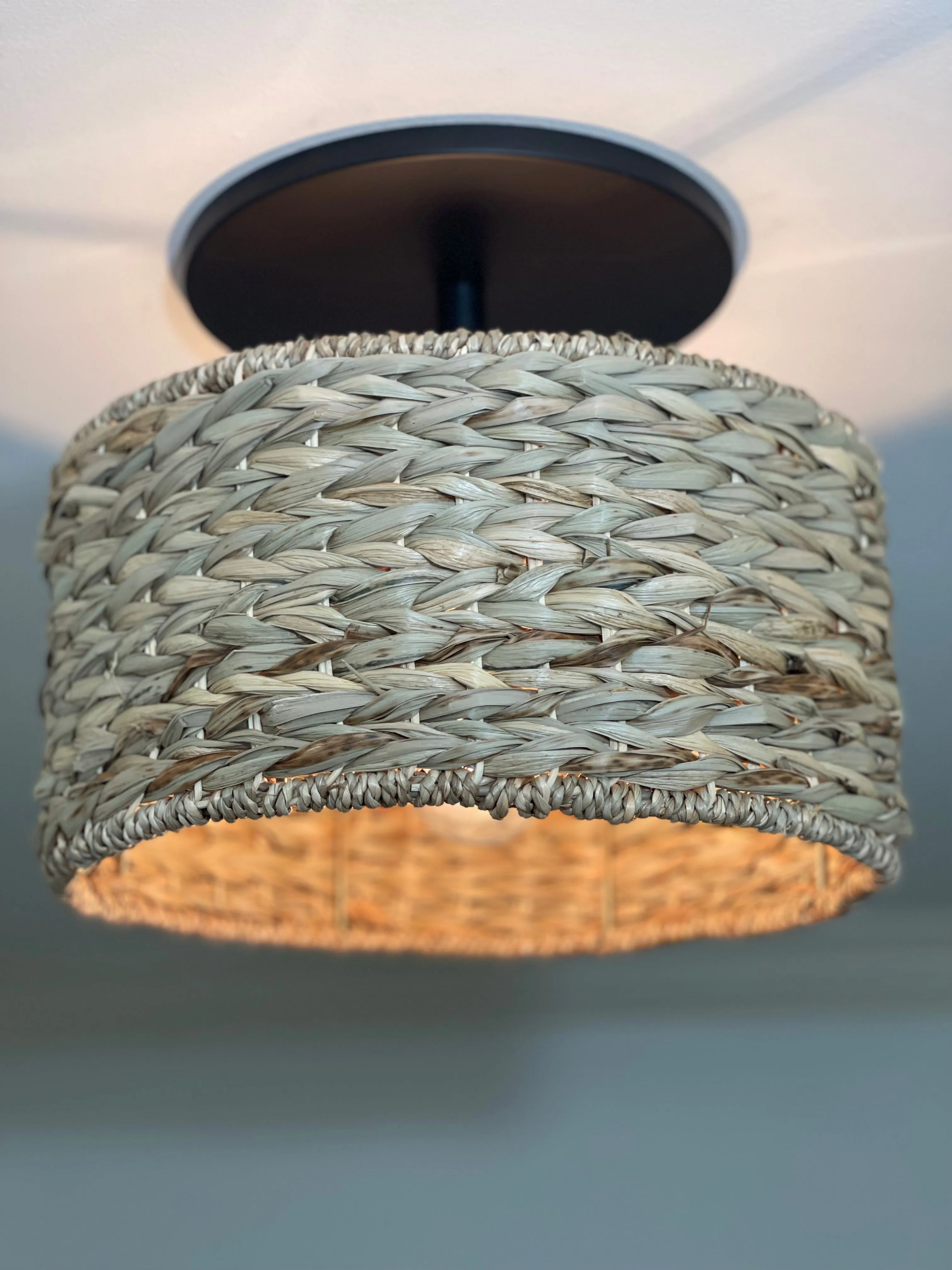 Woven Seagrass Drum w/Matte Black Instant Semi Flush Recessed Conversion Kit