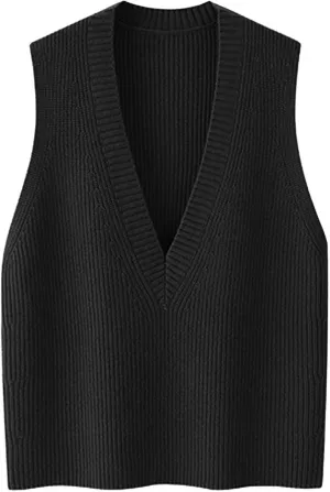 Wowcarbazole Womens Sweater Vest Casual V Neck Solid Ribbed Knit Pullover Vests Fall Sleeveless Sweaters Tops