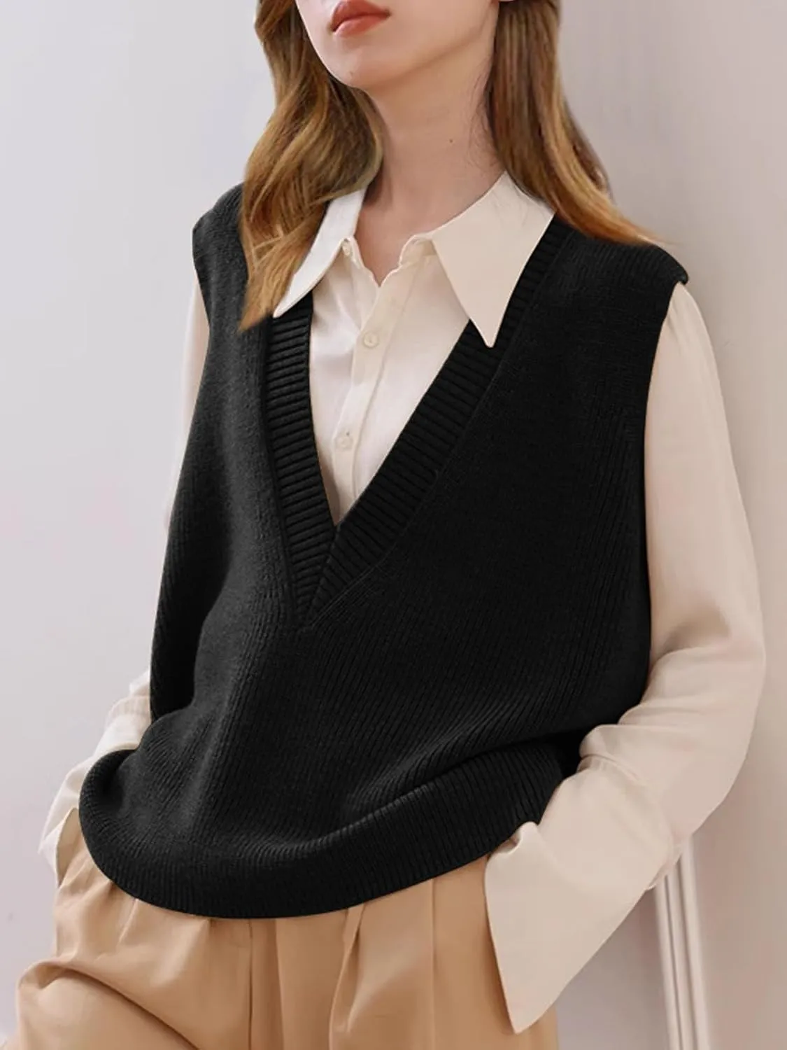Wowcarbazole Womens Sweater Vest Casual V Neck Solid Ribbed Knit Pullover Vests Fall Sleeveless Sweaters Tops