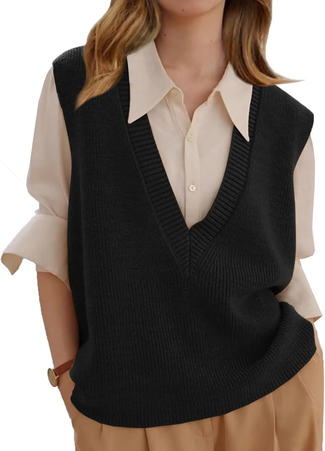 Wowcarbazole Womens Sweater Vest Casual V Neck Solid Ribbed Knit Pullover Vests Fall Sleeveless Sweaters Tops