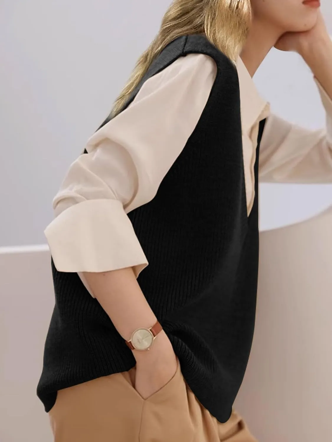 Wowcarbazole Womens Sweater Vest Casual V Neck Solid Ribbed Knit Pullover Vests Fall Sleeveless Sweaters Tops