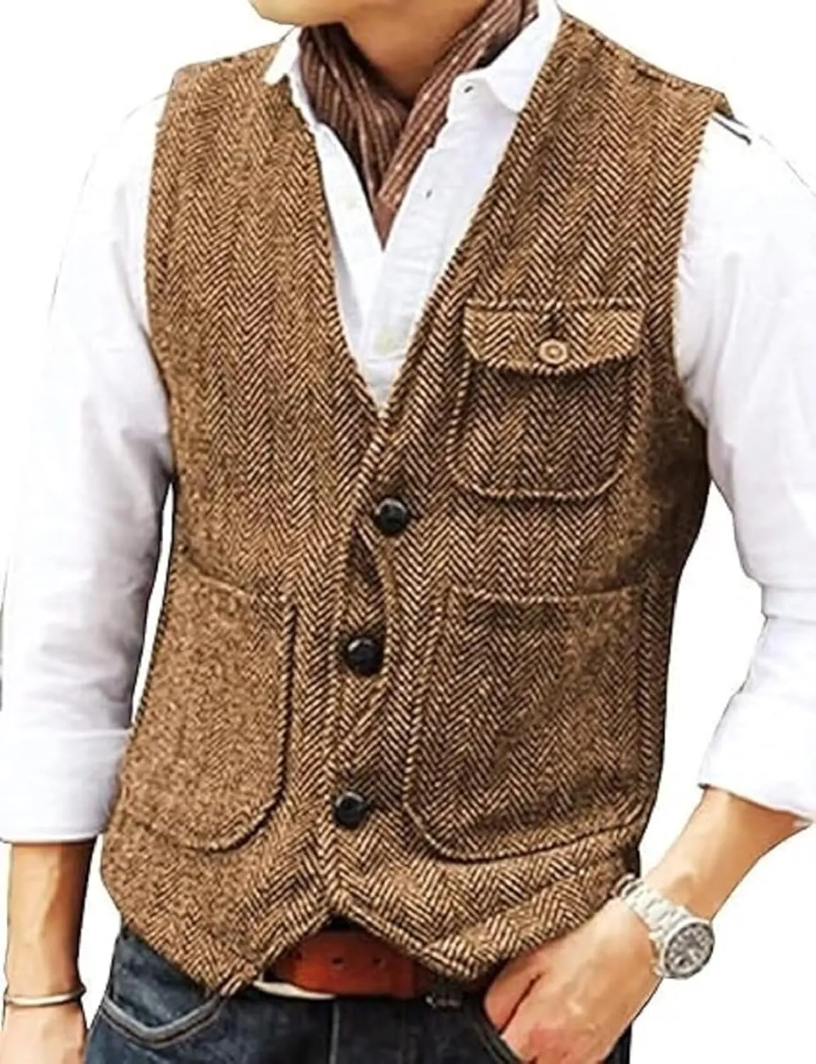 Yarizm Casual Men's Vests Herringbone Tweed Vest V-Neck Waistcoat For Men Retro Men's Wedding Vests Travel Workwear Vest