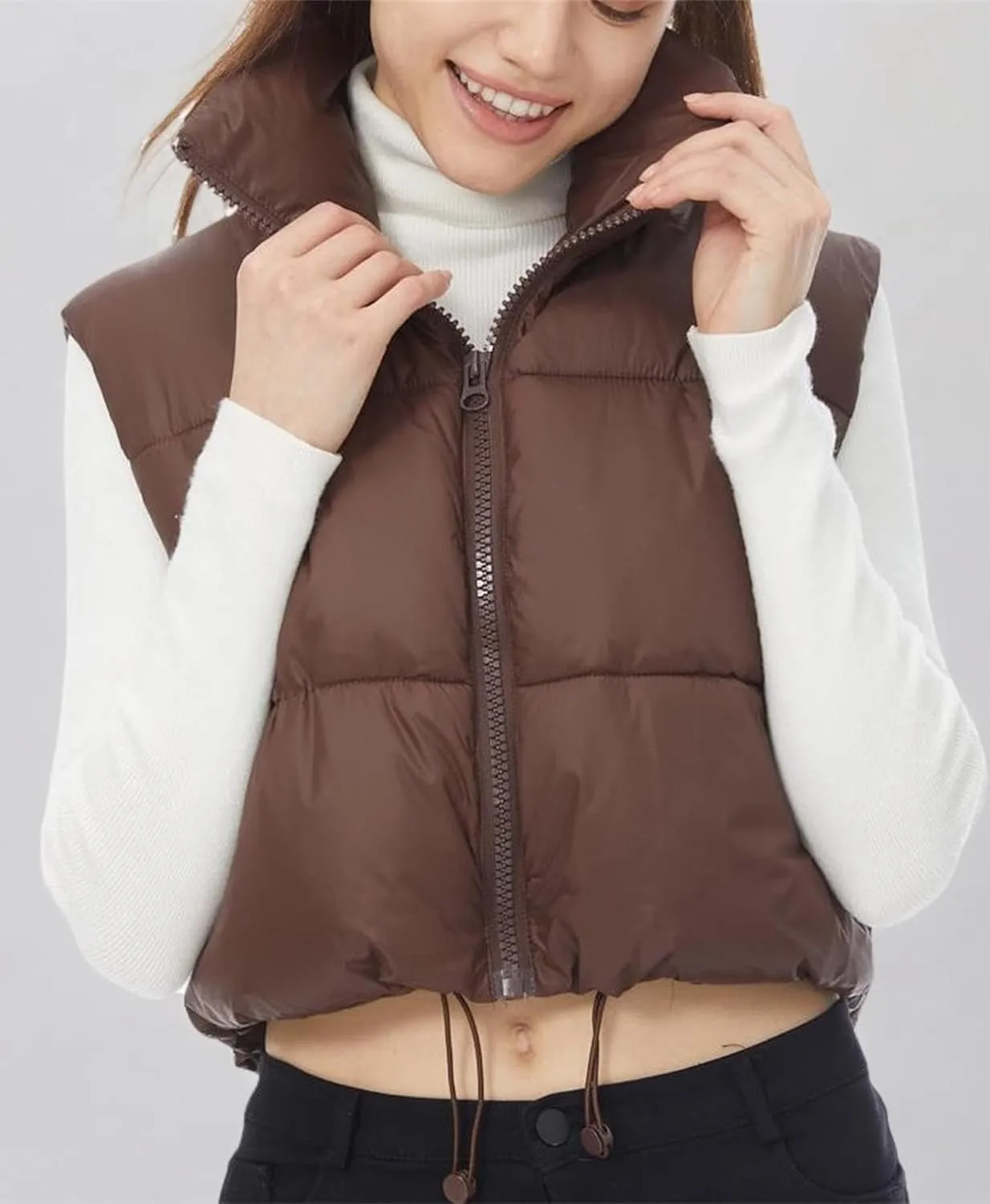 YSW Women's Cropped Puffer Vest Winter Warm Lightweight Sleeveless Outerwear Vests Stand Collar Padded Gilet