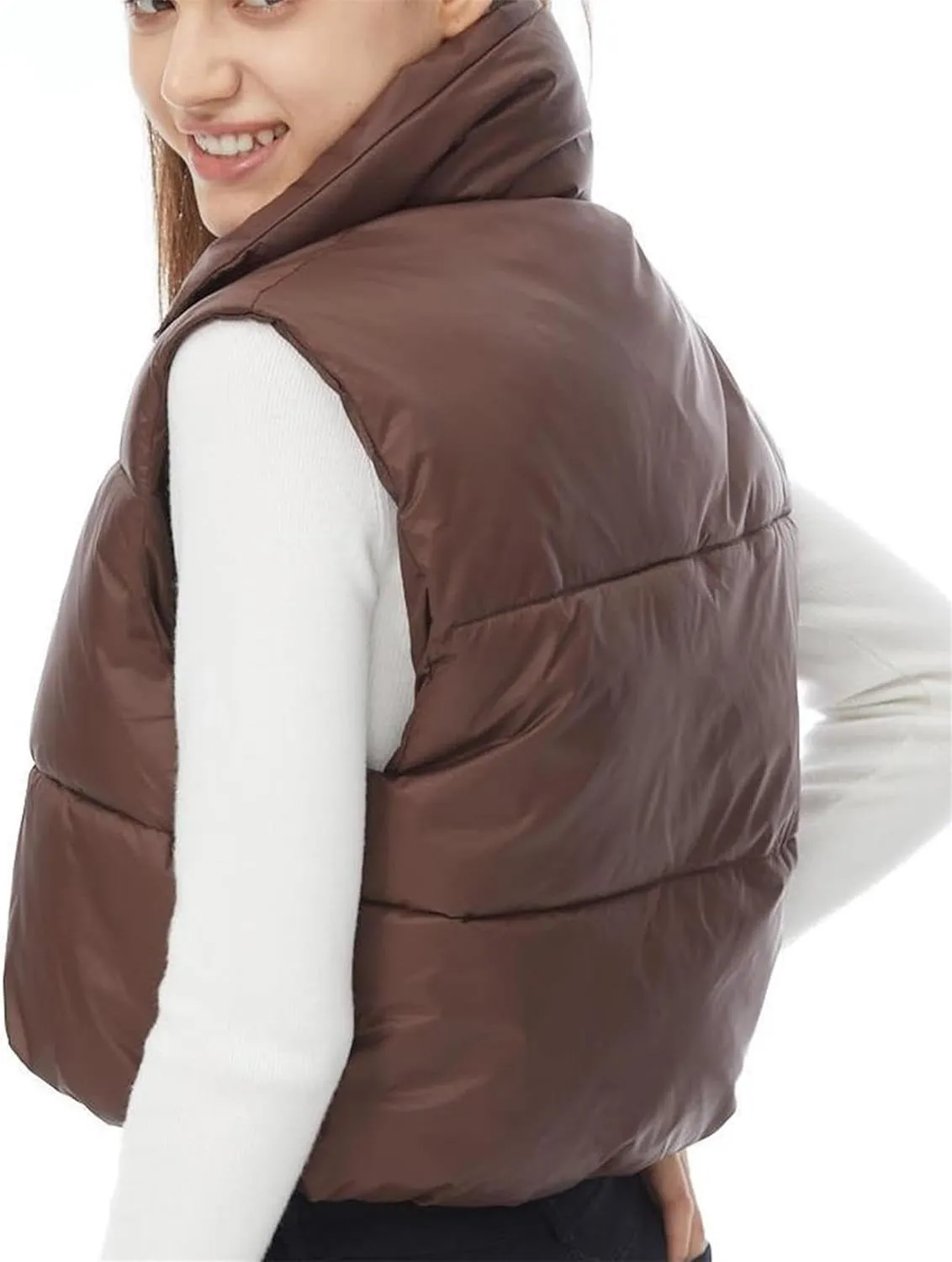 YSW Women's Cropped Puffer Vest Winter Warm Lightweight Sleeveless Outerwear Vests Stand Collar Padded Gilet
